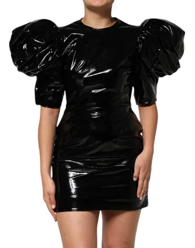 Dolce & Gabbana Patent Leather Puff Sleeve Mini Dress In Black