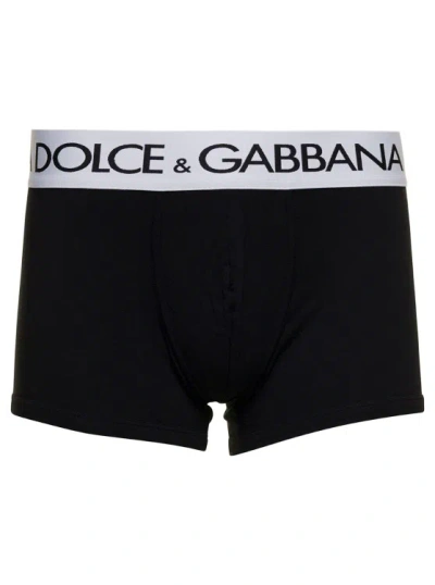 DOLCE & GABBANA BLACK BOXER BRIEFS WITH BRANDED WAISTBAND IN STRETCH COTTON