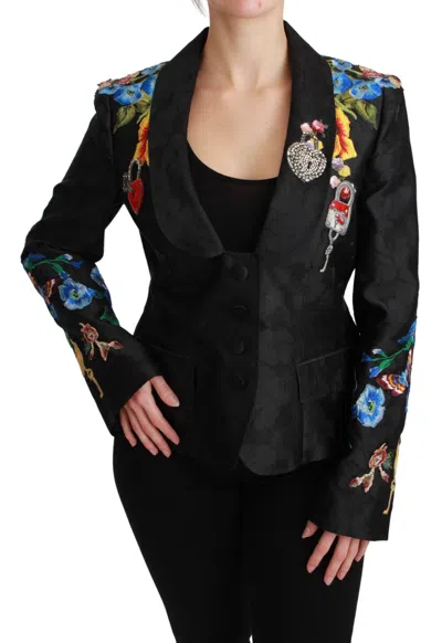 Dolce & Gabbana Black Brocade Crystal Blazer Women's Jacket