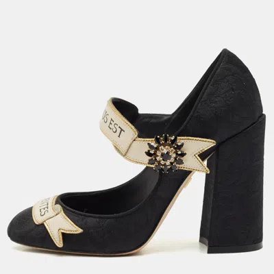 Pre-owned Dolce & Gabbana Black Brocade Fabric And Leather Crystal Embellished Mary Jane Pumps Size 37