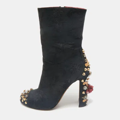 Pre-owned Dolce & Gabbana Black Brocade Fabric Crystal Embellished Ankle Length Boots Size 38
