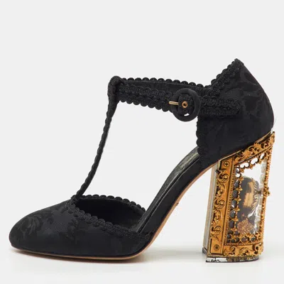 Pre-owned Dolce & Gabbana Black Brocade Fabric Sacred Heart T-strap Pumps Size 37