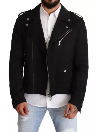 Pre-owned Dolce & Gabbana Black Brocade Full Zip Biker Coat Men's Jacket ()