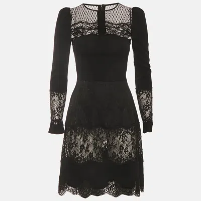 Pre-owned Dolce & Gabbana Black Brocade Mesh Floral Lace Sheath Mini Dress Xs