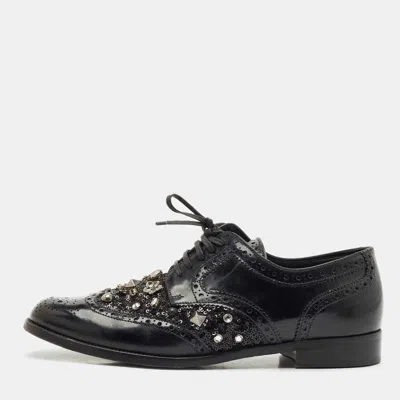 Pre-owned Dolce & Gabbana Black Brogue Leather Studded Embellished Lace Oxfords Size 40