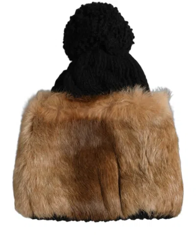 Dolce & Gabbana Black Brown Dyed Rabbit Real Fur Winter Beanie Women's Hat In Black And Brown