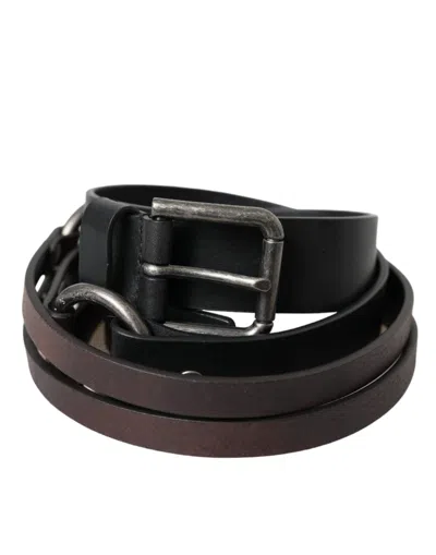 Dolce & Gabbana Black Brown Leather Silver Metal Buckle Belt In Black And Brown