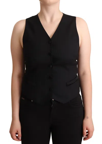 Dolce & Gabbana Black Button Down Sleeveless Viscose Vest Women's Top