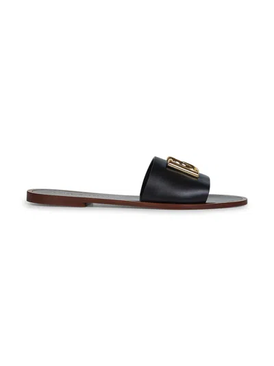 DOLCE & GABBANA BLACK CALF LEATHER BIANCA SLIDES