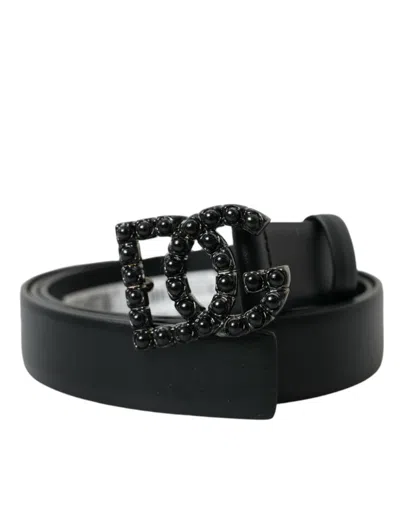 Dolce & Gabbana Black Calf Leather Dg Crystal Buckle Belt
