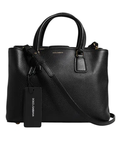 Dolce & Gabbana Black Calf Leather Logo Plaque Shoulder Handbag Bag