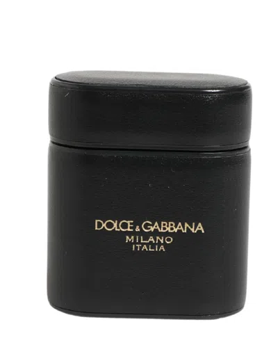 Dolce & Gabbana Black Calf Leather Logo Print Flip Holder Airpods Case