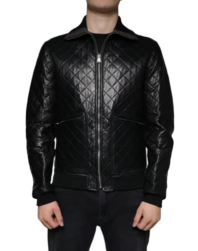Pre-owned Dolce & Gabbana Black Calf Leather Quilted Full Zip Men's Jacket ()