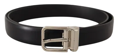 Pre-owned Dolce & Gabbana Black Calf Leather Silver Metal Logo Buckle Men's Belt ()