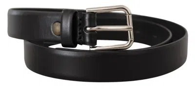 Dolce & Gabbana Black Calf Leather Silver Tone Logo Buckle Men's Belt
