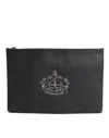 Dolce & Gabbana Black Calfskin Crown Embellished Clutch Pouch Bag In Black