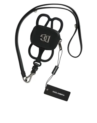Dolce & Gabbana Black Calfskin Leather Dg Logo Coin Purse Lanyard Wallet