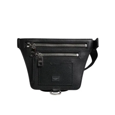 Dolce & Gabbana Black Calfskin Logo Plaque Belt Waist Men Fanny Pack Bag In ["black"]
