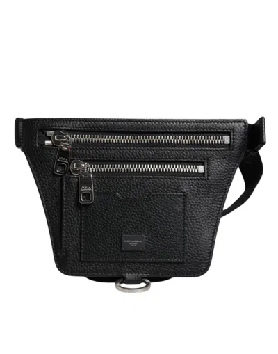 Dolce & Gabbana Black Calfskin Logo Plaque Belt Waist Men Fanny Pack Men's Bag