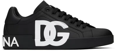 DOLCE & GABBANA BLACK CALFSKIN NAPPA PORTOFINO DG LOGO SNEAKERS