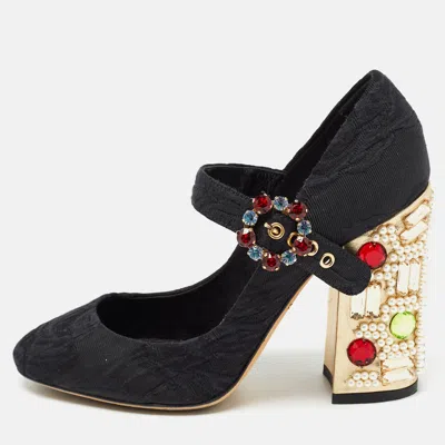 Pre-owned Dolce & Gabbana Black Canvas Crystal Embellished Block Heel Mary Jane Pumps Size 37