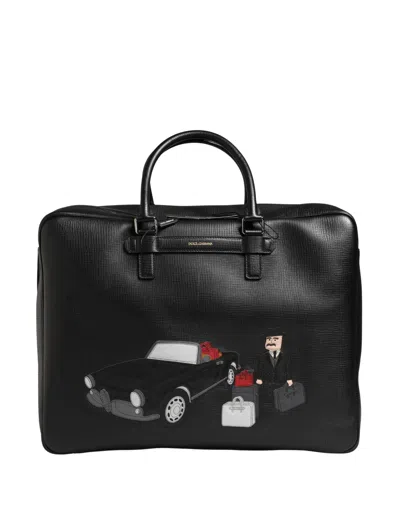 Dolce & Gabbana Black Car Man Applique Leather Weekender Borse Men's Bag