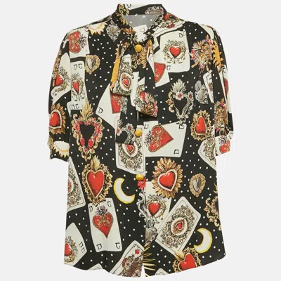 Pre-owned Dolce & Gabbana Black Card Print Silk Neck Tie-up Blouse L