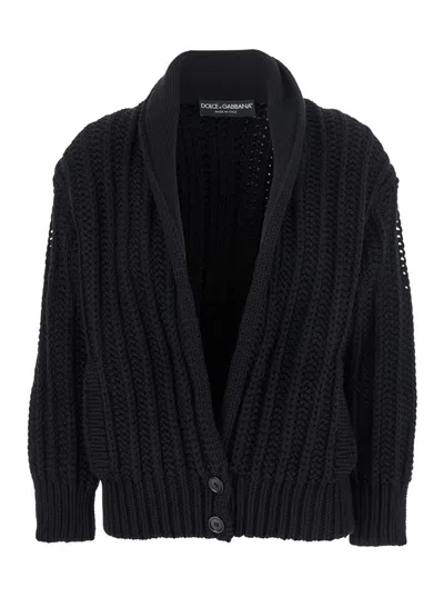 DOLCE & GABBANA BLACK CARDIGAN WITH WIDE NECKLINE ON THE FRONT IN VIRGIN WOOL WOMAN