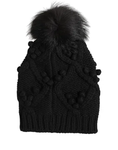 Dolce & Gabbana Black Cashmere Knitted Fur Pom-pom Beanie One Size Women's Hat