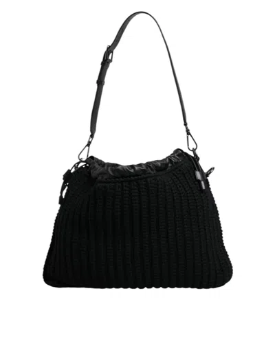 Dolce & Gabbana Black Cashmere Knitted Leather Shoulder Women's Bag