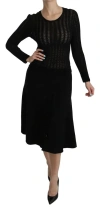 Dolce & Gabbana Black Knitted Wool Sheath Long Sleeves Dress