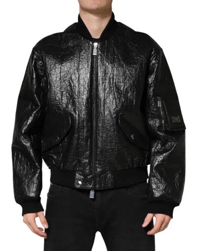 Dolce & Gabbana Black Cellulose Leather Fullzip Biker Jacket