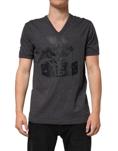 Dolce & Gabbana Black Charcoal Dg Logo V-neck Men T-shirt In Gray