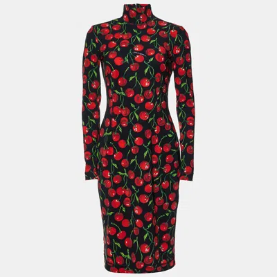Pre-owned Dolce & Gabbana Black Cherry Print Jersey Midi Dress M