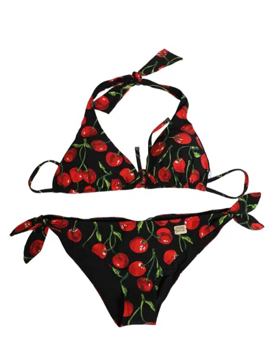 Pre-owned Dolce & Gabbana Black Cherry Print Nylon Bikini 2 Piece Women's Swimwear ()