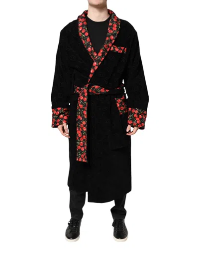 Dolce & Gabbana Black Cherry Print Wrap Robe Men Coat Men's Jacket