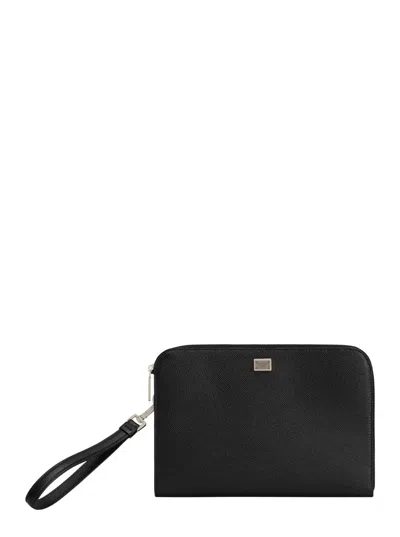 Dolce & Gabbana Black Clutch With Removable Wrist Strap And Logo Plaque On The Front In Grained Leather Woman