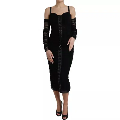 Pre-owned Dolce & Gabbana Black Cold Shoulder Stretch Tulle Midi Women's Dress ()