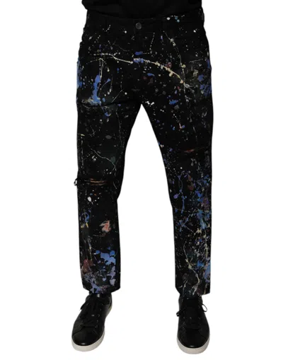 DOLCE & GABBANA DOLCE & GABBANA BLACK COLOR SPLASH COTTON SKINNY DENIM MEN'S JEANS