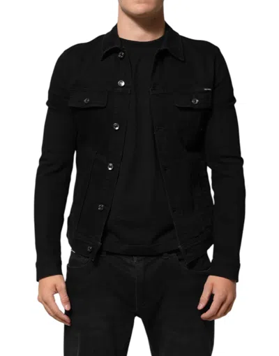 Dolce & Gabbana Black Cotton Denim Stretch Button Up Jacket In Gold