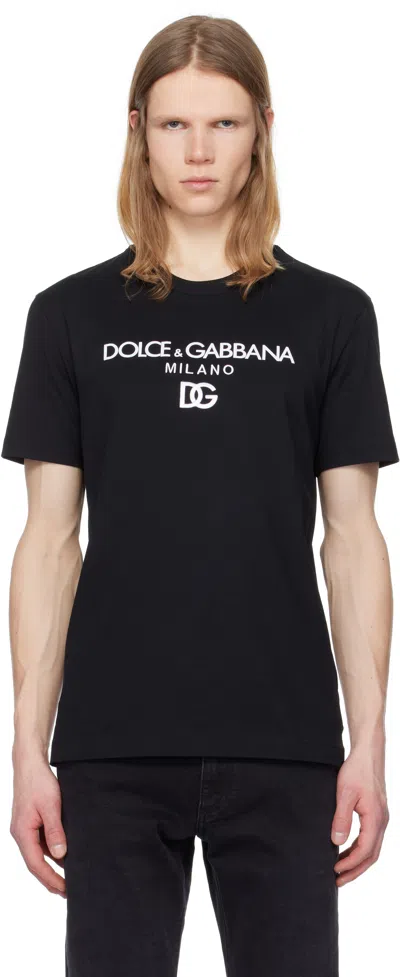 DOLCE & GABBANA BLACK COTTON 'DG' EMBROIDERY T-SHIRT