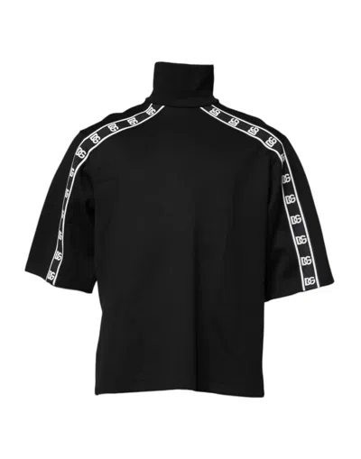 Dolce & Gabbana Black Cotton Dg Print Turtleneck T-shirt