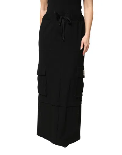 Dolce & Gabbana Black Cotton Drawstring Long Maxi Cargo Skirt