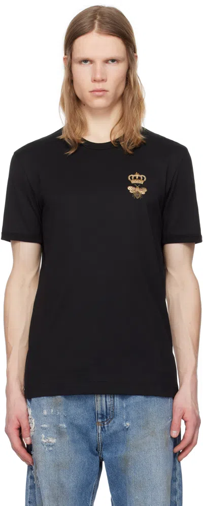 Dolce & Gabbana Embroidered Bee And Crown Cotton T-shirt In Black