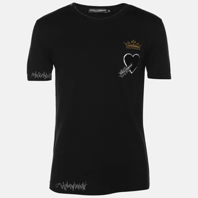 Pre-owned Dolce & Gabbana Black Cotton Flock Logo T-shirts Xs