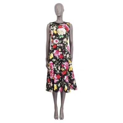 Pre-owned Dolce & Gabbana Black Cotton Floral Sleeveless Flare Midi Dress 44 L