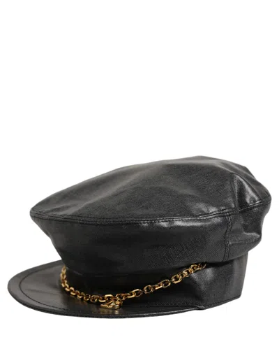 Dolce & Gabbana Black Cotton Gold Dg Chain Baker Boy Capello Women's Hat
