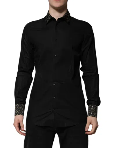 Pre-owned Dolce & Gabbana Black Cotton Gold Long Sleeves Dress Men's Shirt ()