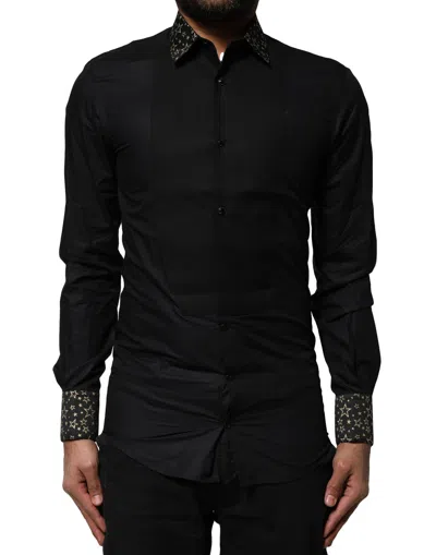 Pre-owned Dolce & Gabbana Black Cotton Gold Long Sleeves Dress Men's Shirt ()