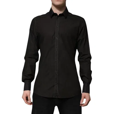 Dolce & Gabbana Black Cotton Jacquard Gold Collar Dress Men's Shirt